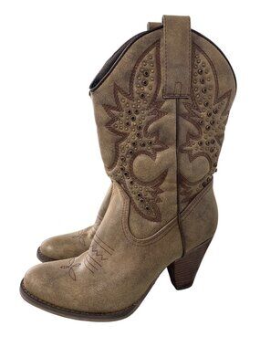 Very Volatile Cowboy Boots Size 8 Pull On Studded Embroidered Taupe Tan Ranch